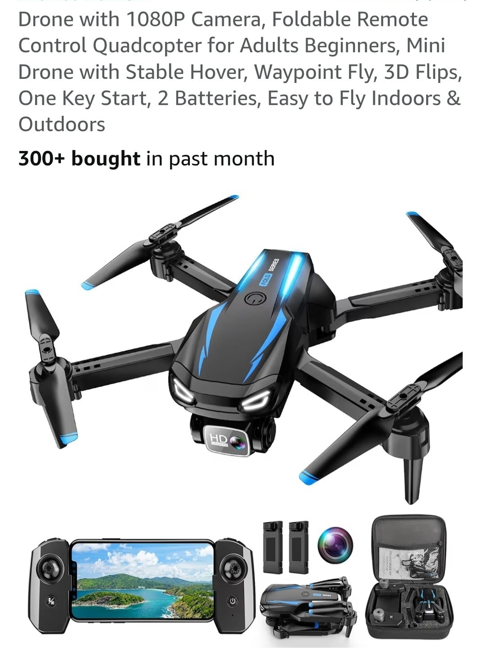 Foldable Black Drone with Blue Accents - 1080P Camera